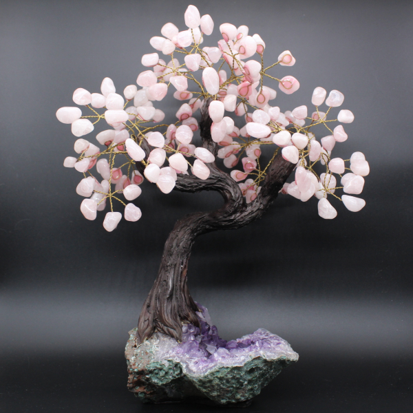 Árbol mineral con base de amatista y hojas de cuarzo rosa