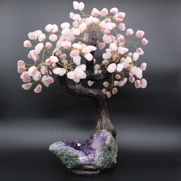 Árbol mineral con base de amatista y hojas de cuarzo rosa