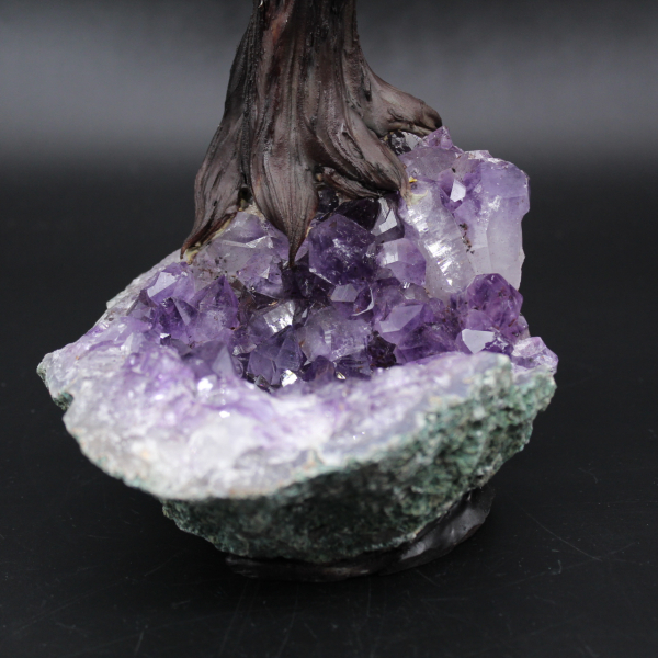 Árbol mineral con base de amatista y hojas de cuarzo rosa