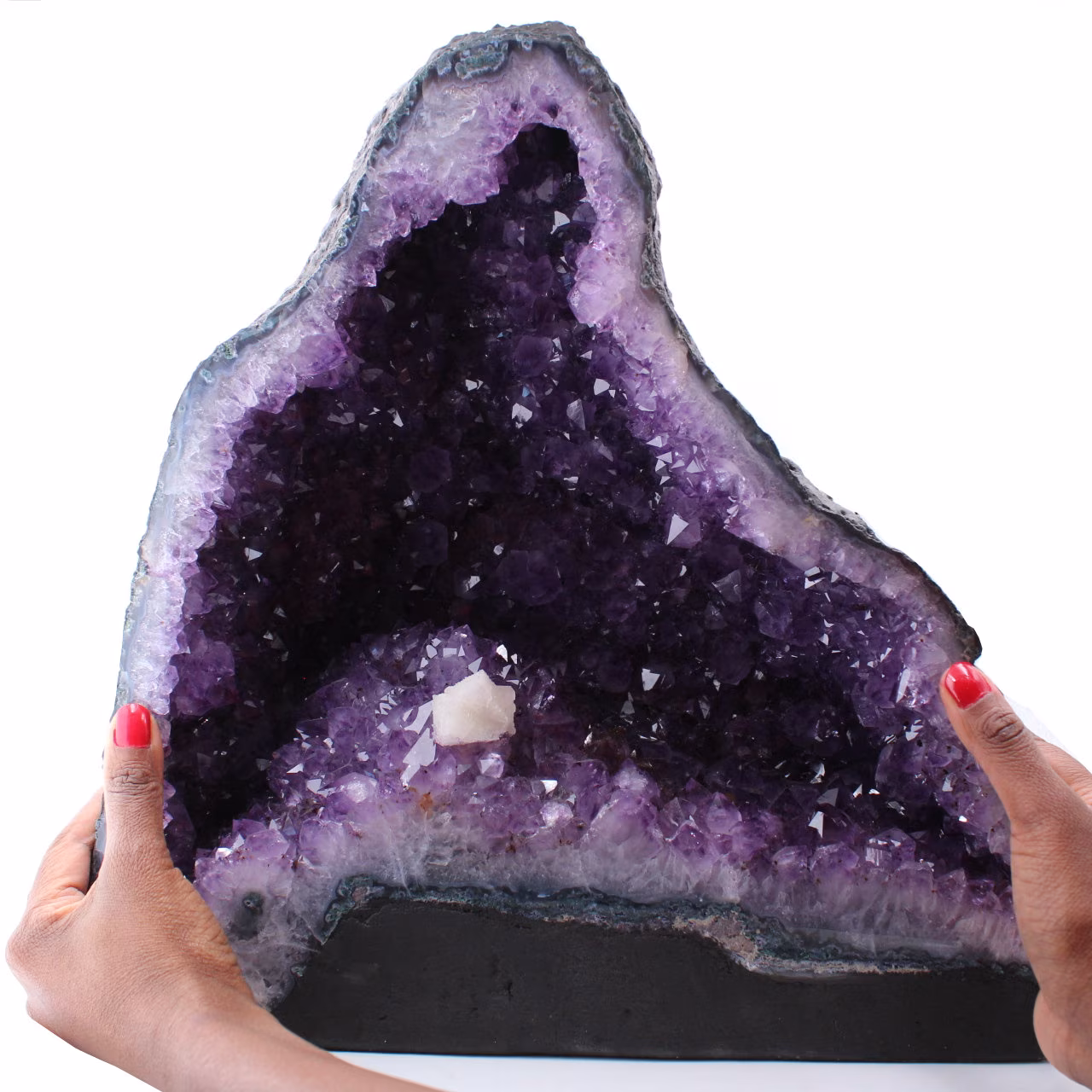Geoda de amatista con cristal de calcita
