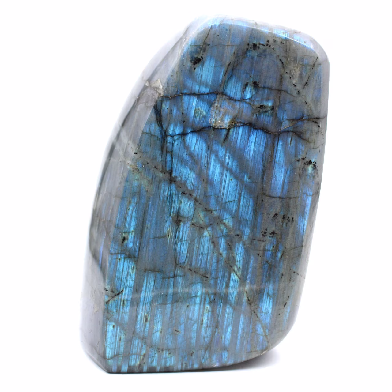 Ejemplar de labradorita pulida, roca mineral decorativa