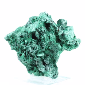 Malaquita natural de textura fibrosa del Congo, pieza sobre peana
