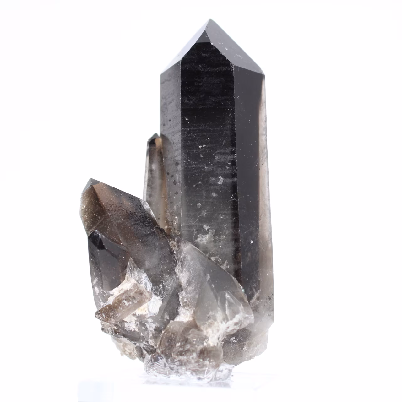 Cristal de cuarzo morión de Brasil sobre peana de acrílico, de colección