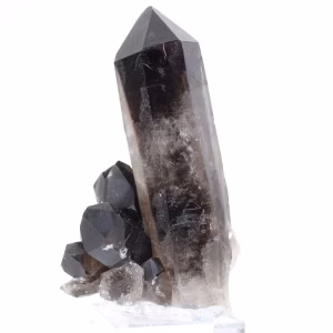 Gran cristal de cuarzo morión brasileño montado sobre base de acrílico