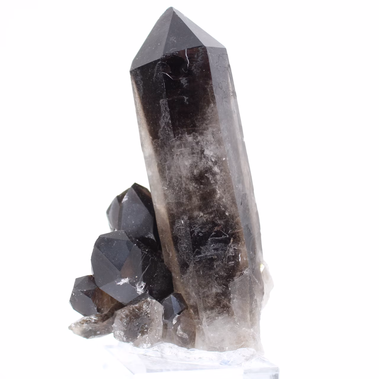 Gran cristal de cuarzo morión brasileño montado sobre base de acrílico