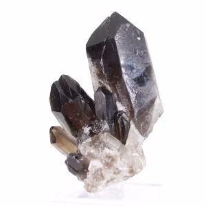 Cristal robusto de cuarzo morión de Brasil, ejemplar mineral sobre peana