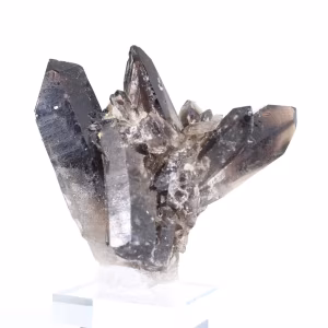 Cuarzo morión brasileño, cristal decorativo presentado sobre peana