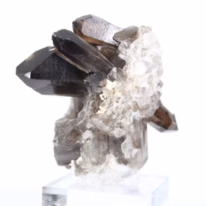 Cristal de cuarzo morión de origen brasileño, expositor de acrílico