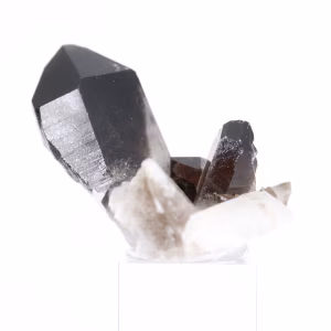 Cristal compacto de cuarzo morión de Brasil sobre peana de acrílico